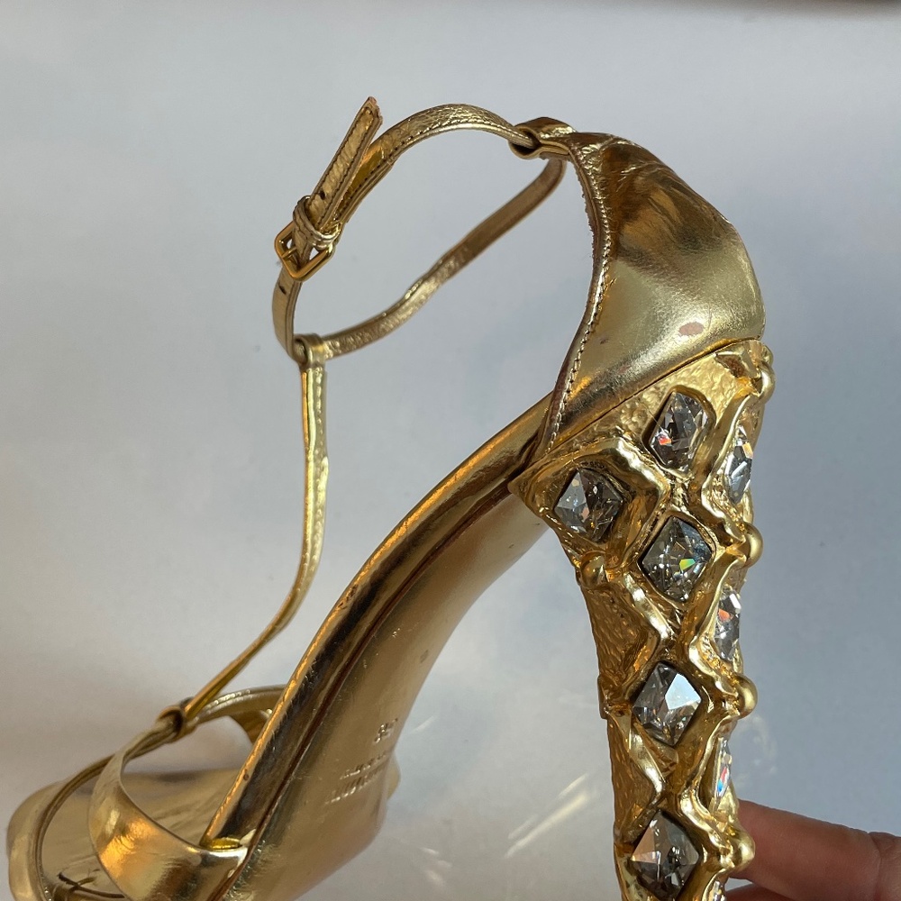 Gold Strappy High-Heel Sandals with Decorative Heel - Picture 6 of 8